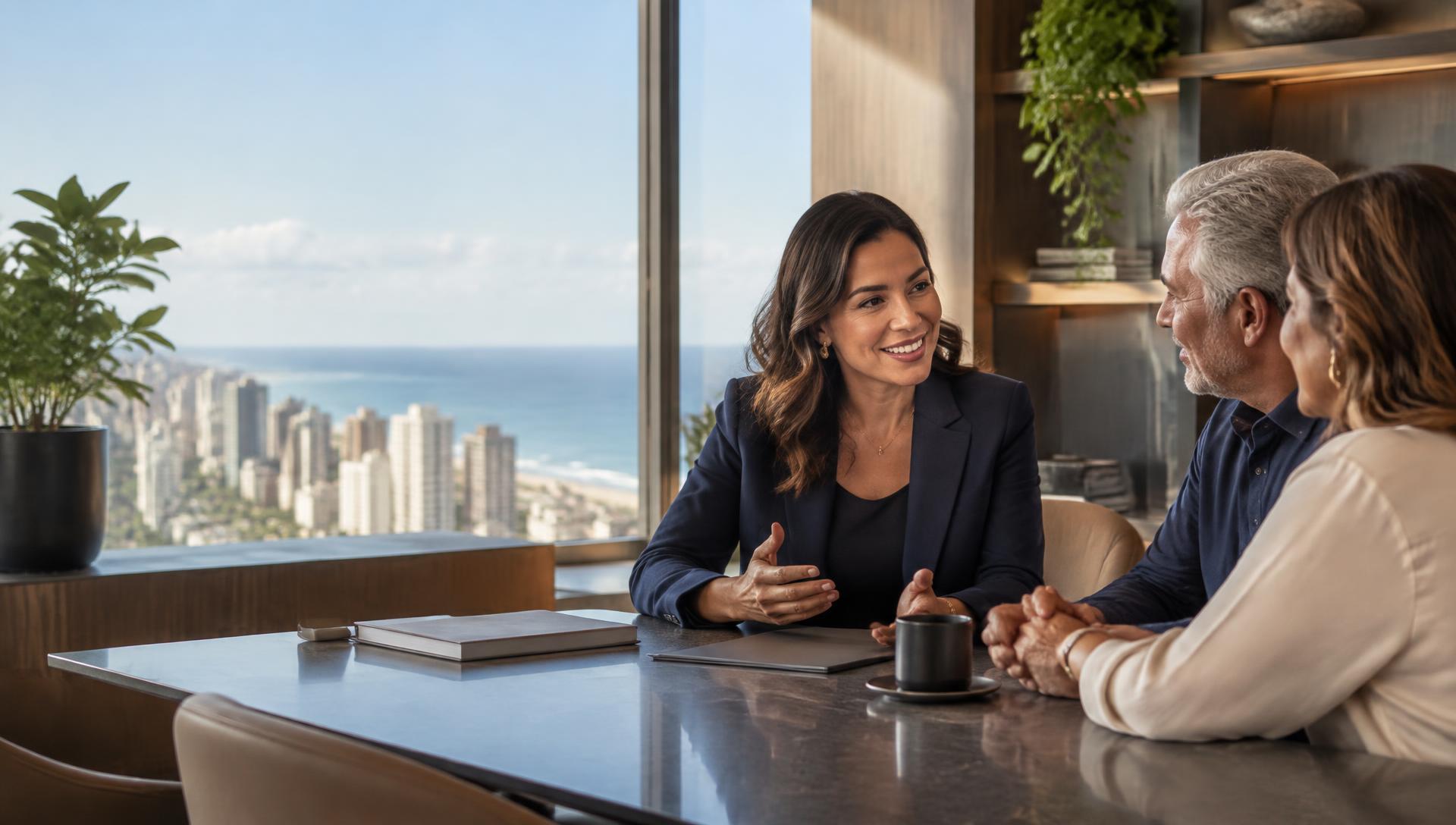 Consultora da AVA Capital conversa com clientes em um escritório